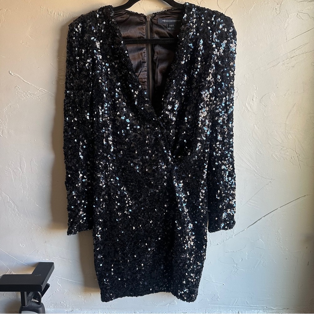 Black Full Sequin Long Sleeve Mini Dress Dark Glam Night Out‎ Club Sz 6